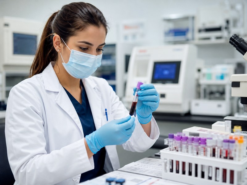 Lab technician examining a blood sample in a modern diagnostic laboratory